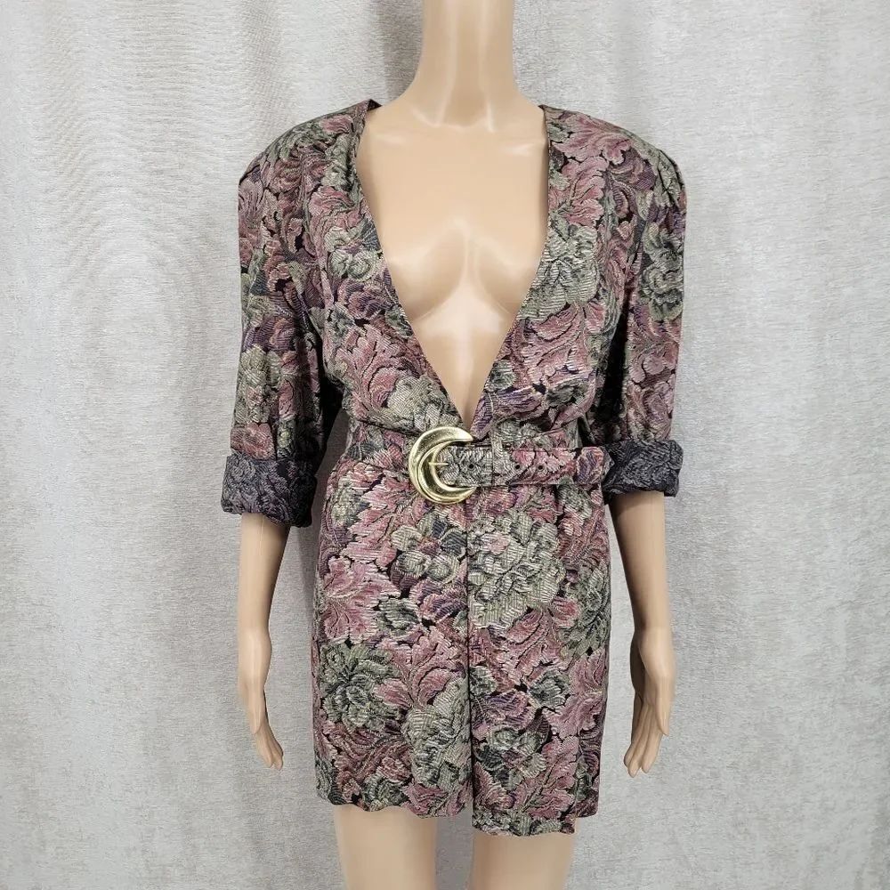 Peri Vintage 80s Floral Printed Jacquard Pattern Tapestry Blazer Matching Belt